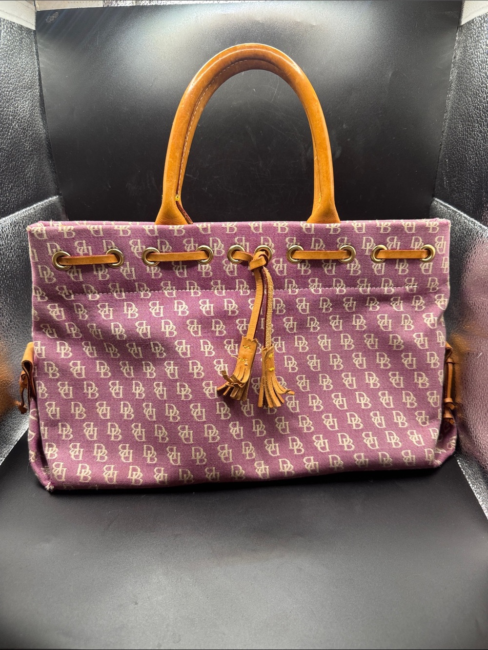 Dooney and Burke Purple Canvas Tote with Tan Leather Trim